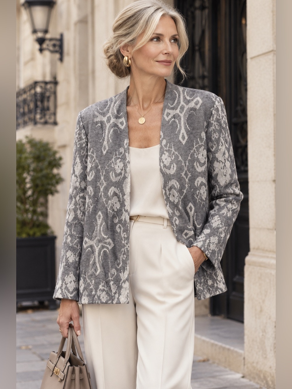Women's Gray Patterned Open-Front Collarless Sweater Jacket